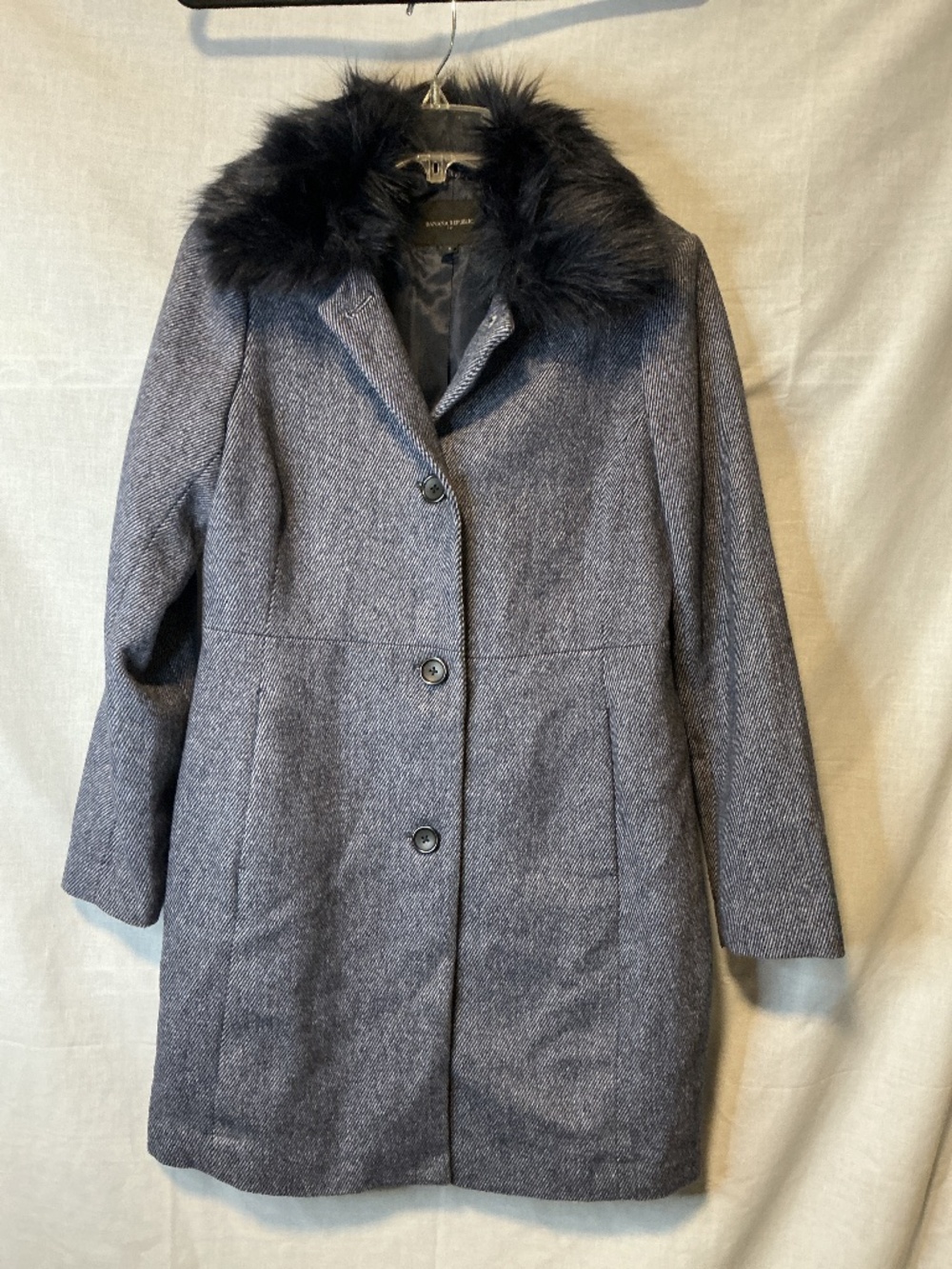 Banana Republic Wool Blend Women Coat Faux Fur Removable Collar Blue Size Small